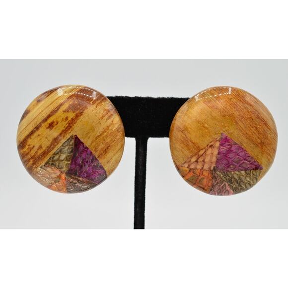 Vintage Round Earrings Handcrafted Lacquered Wood Reptile Snake Print NOS 80s 9D - Picture 1 of 9